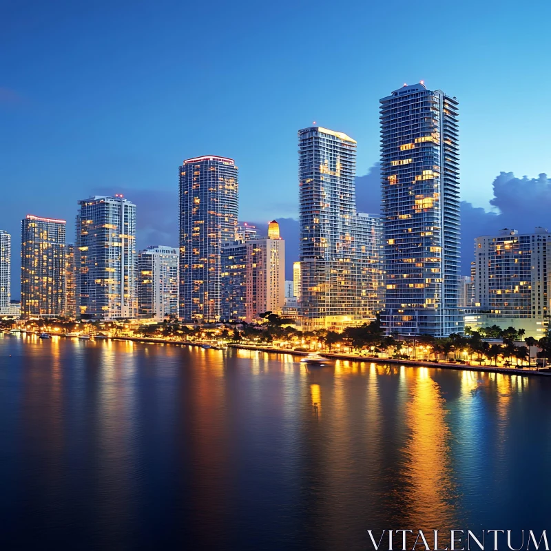 Cityscape at Night with Reflection and Illumination AI Image