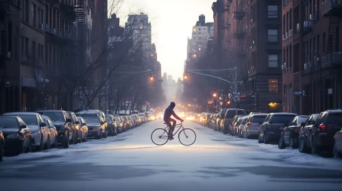 Bicyclist on a Snowy Street in the City