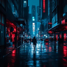 Silhouette in Neon-lit Cityscape at Night