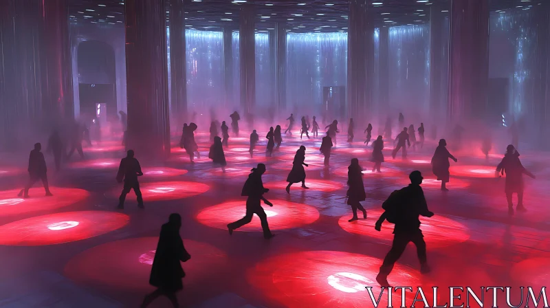 AI ART Mysterious Indoor Silhouettes in Foggy Red-Lit Scene