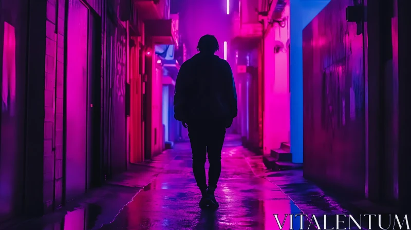 Solitary Walk in Neon Alley AI Image