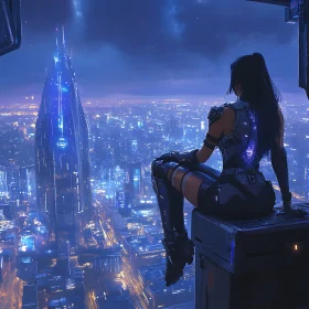 Cyberpunk City Night View with Armored Person