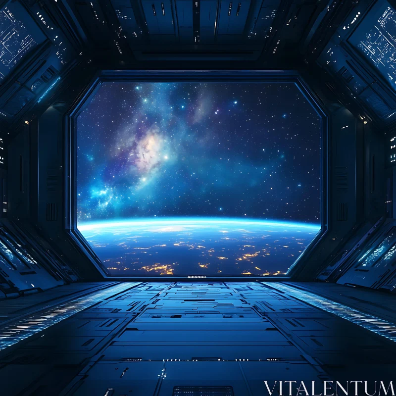 Earth and Space Seen From Futuristic Spaceship AI Image