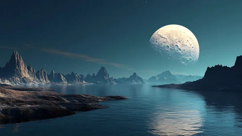 Moonlit Extraterrestrial Terrain with Mountains and Stars