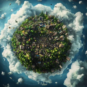 Floating City Sphere Surrounded by Clouds