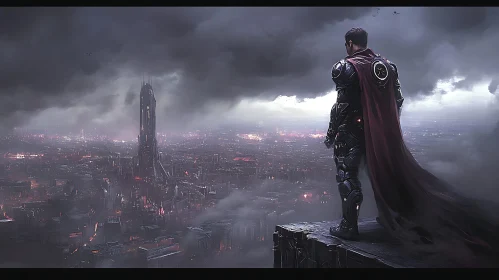 Hero in Armor Standing Over a Dystopian Cityscape