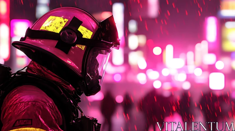 AI ART Firefighter Amidst Neon City Lights