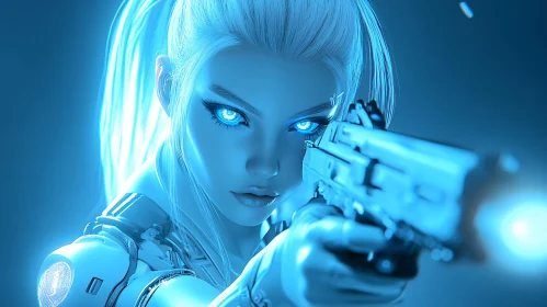 Blue-Eyed Female Cyborg Aiming Weapon