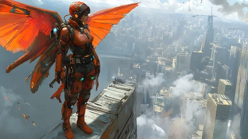 High-Tech Winged Woman Over Futuristic Urban Skyline