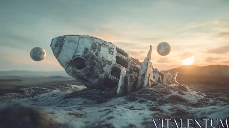 Sci-Fi Scene of a Crashed Spaceship on an Alien Planet AI Image