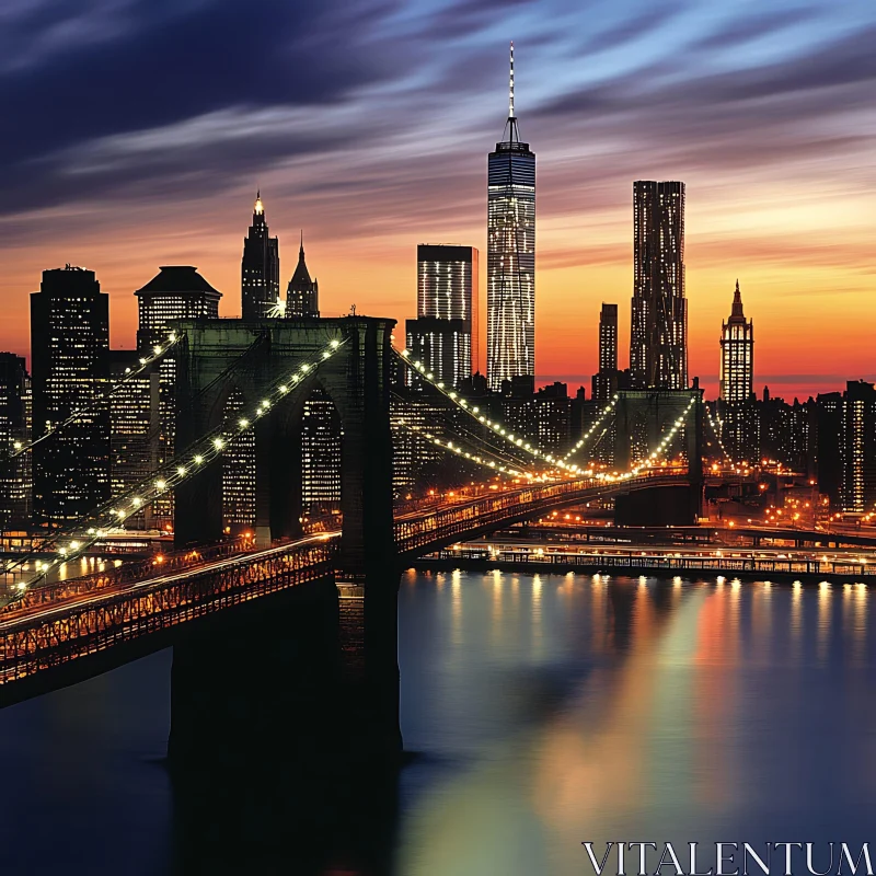 City Skyline at Dusk with Illuminated Bridge AI Image