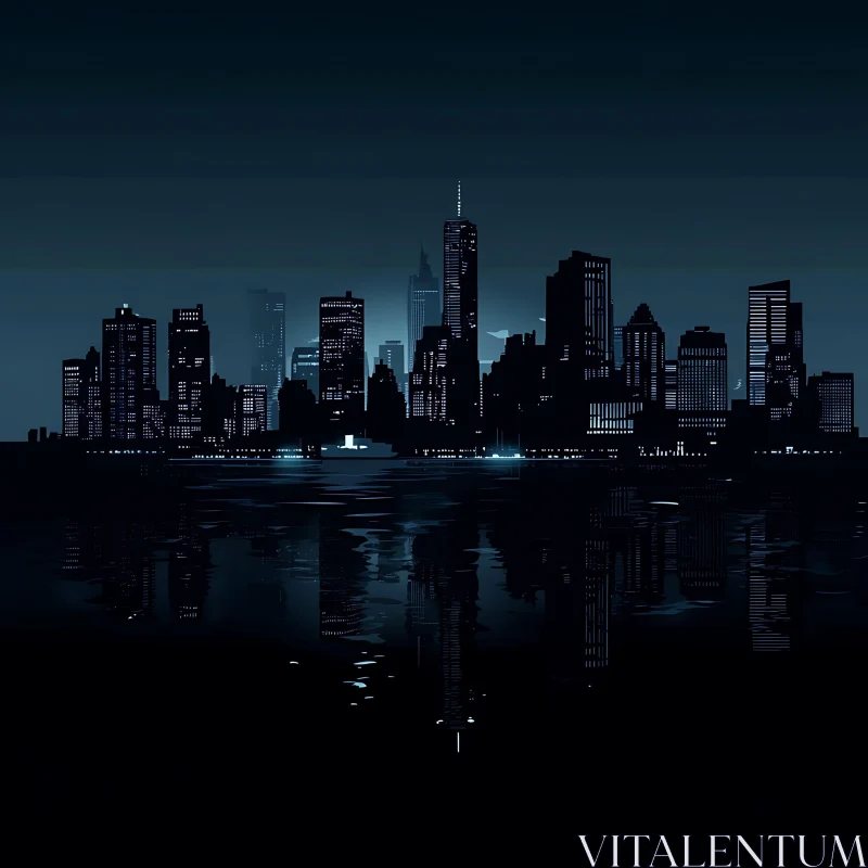 AI ART Urban Night Skyline with Water Reflection