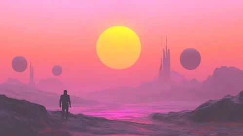 Astronaut at Sunset on an Alien Planet