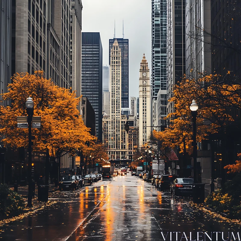 AI ART Urban Autumn with Tall Buildings and Wet Pavement