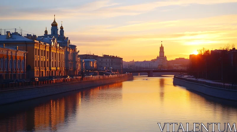 City at Sunset Along Riverbanks AI Image