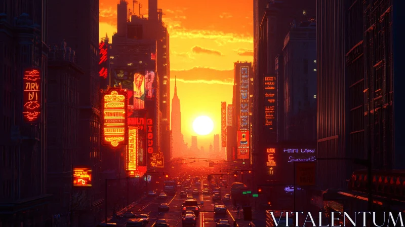 Sunset Cityscape with Skyscrapers and Neon Lights AI Image