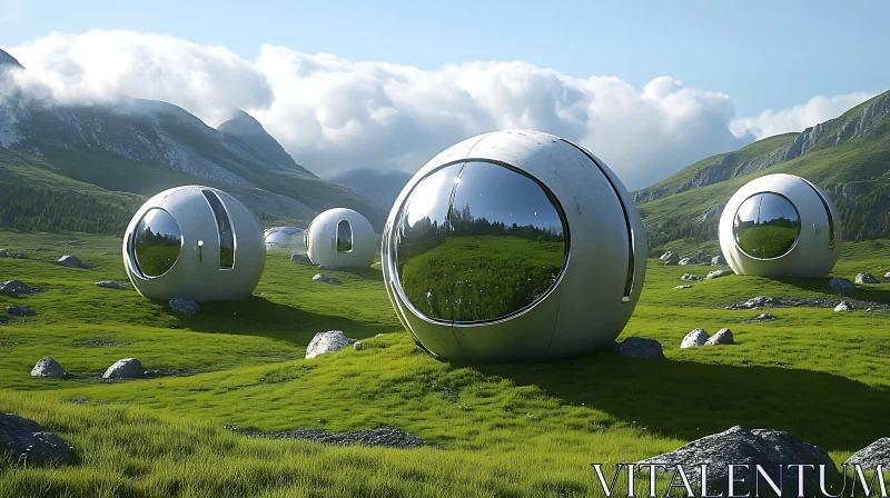 Innovative Spheres amid Verdant Landscape AI Image