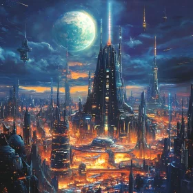 Sci-Fi City at Night Under a Moonlit Sky