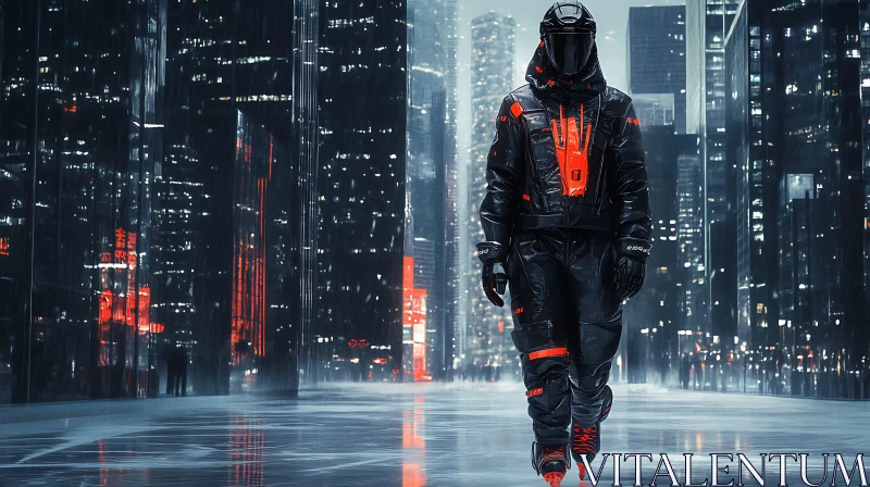 Cyberpunk Figure in Rainy Urban Environment AI Image