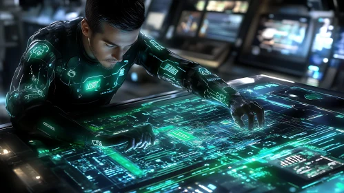 Cyborg Operating High-Tech Hologram in Control Room