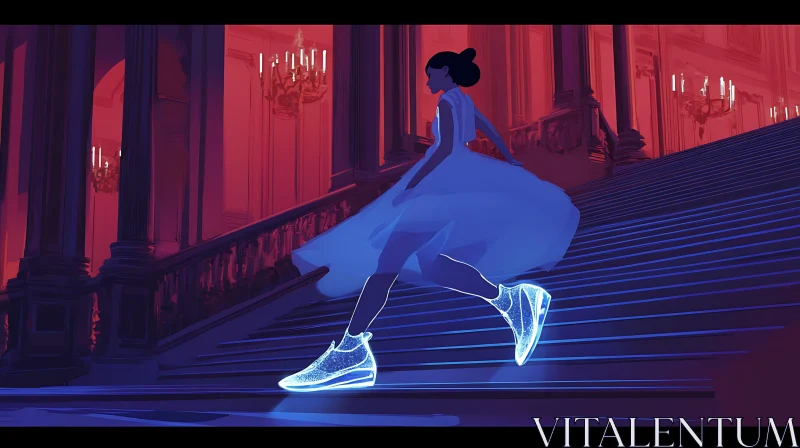 AI ART Futuristic Cinderella Descending Elegant Stairs