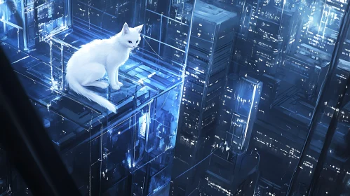 Futuristic Night City with White Cat