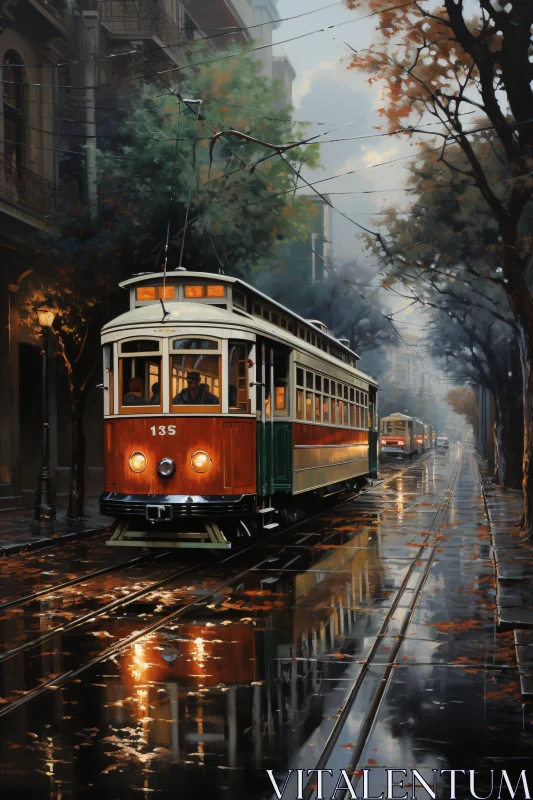 Vintage Tram in a Foggy Cityscape AI Image