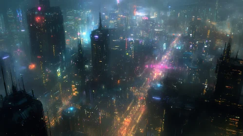 Neon Urban Skyline in the Fog