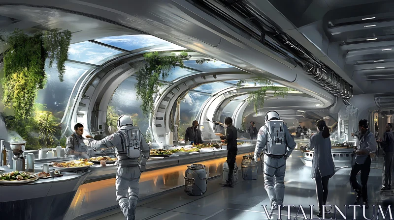 AI ART Modern Space Cafeteria with Astronauts and Greenery