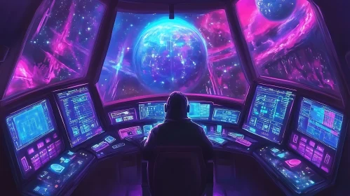 Advanced Spaceship Control Room with Galactic View