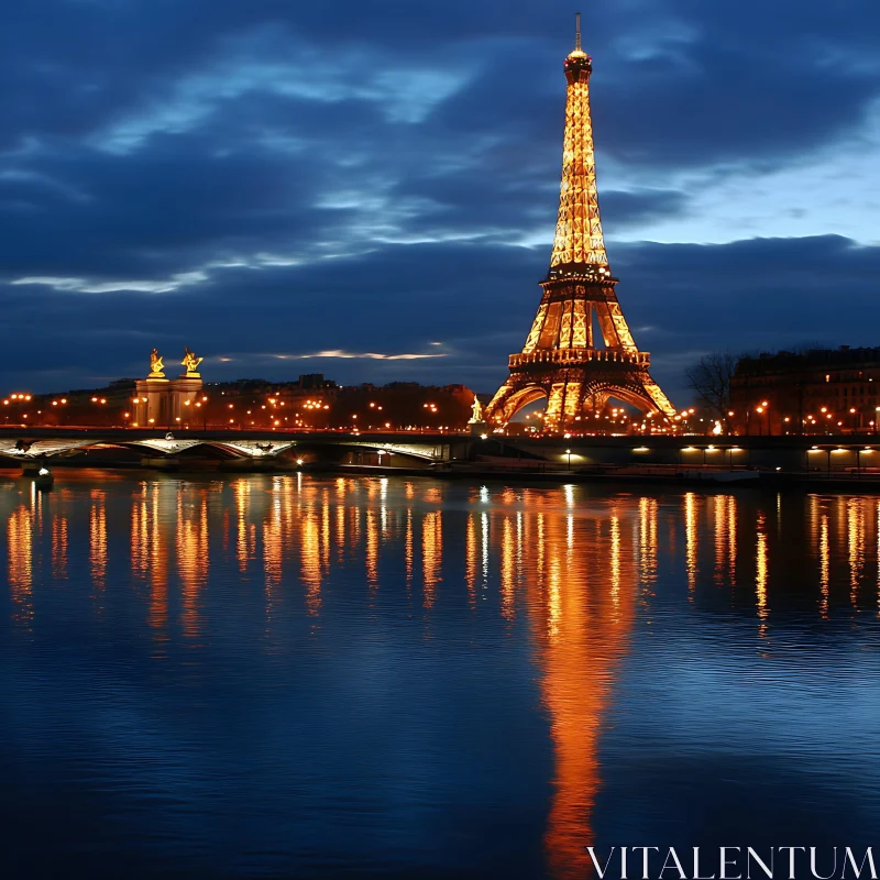 AI ART Eiffel Tower Nightscape in Paris with Water Reflection