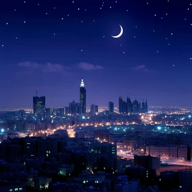 Illuminated City at Night with Crescent Moon and Stars