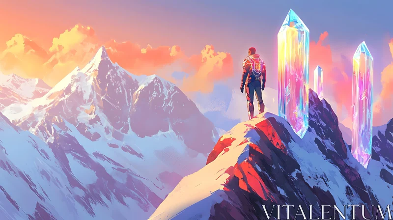 Figure on Snowy Peak with Glowing Crystals at Sunset AI Image