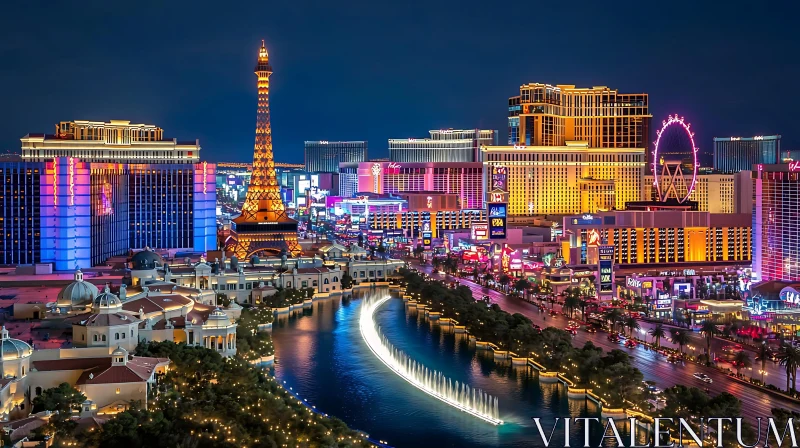 Night View of Lively City with Eiffel Tower Replica AI Image