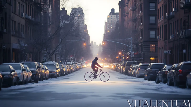 Bicyclist on a Snowy Street in the City AI Image