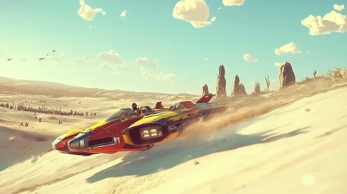 Sci-Fi Hovercraft Speeding in Desert