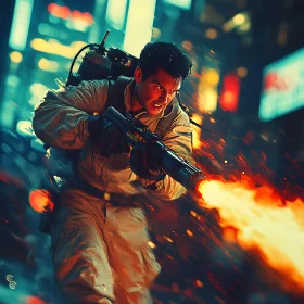 Tactical Gear and Flames in Vibrant City Night