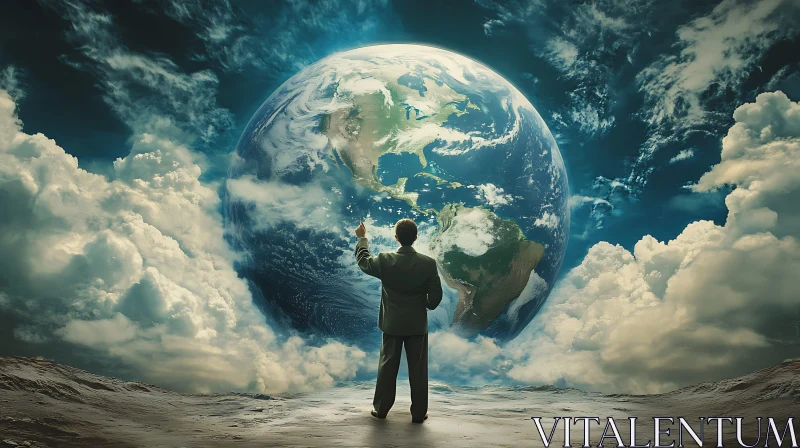 Human Contemplation of Earth Surrounded by Clouds AI Image