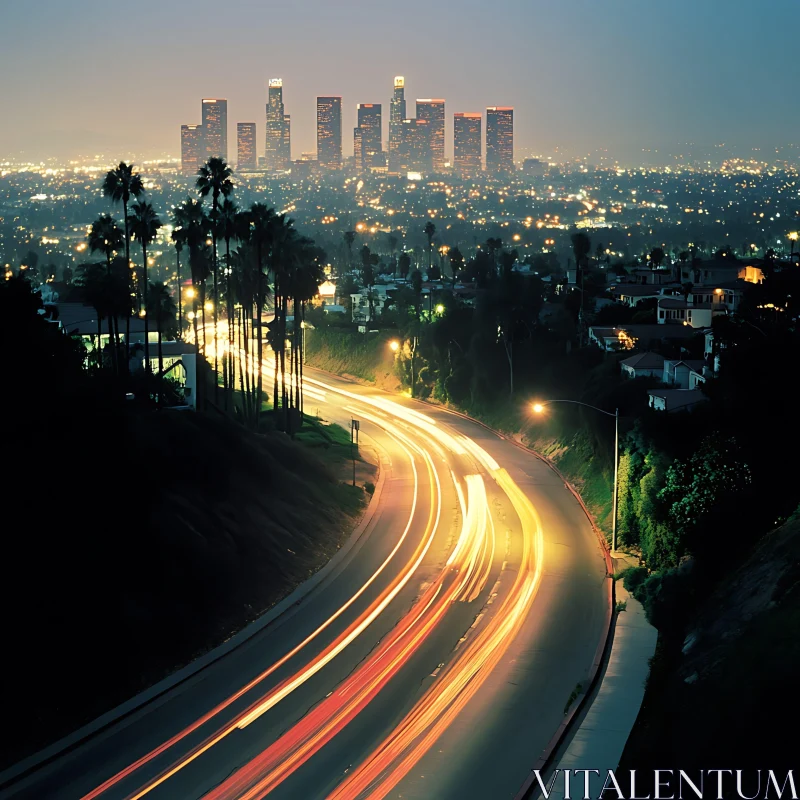 Urban Night Landscape with Car Light Streaks and Skyline AI Image