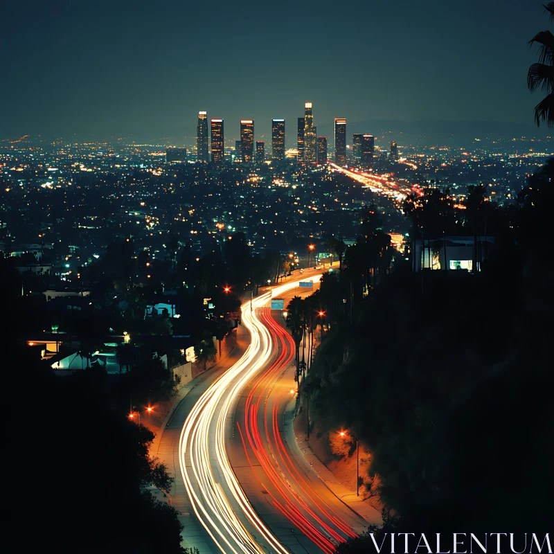 Night City Skyline and Road Light Trails AI Image