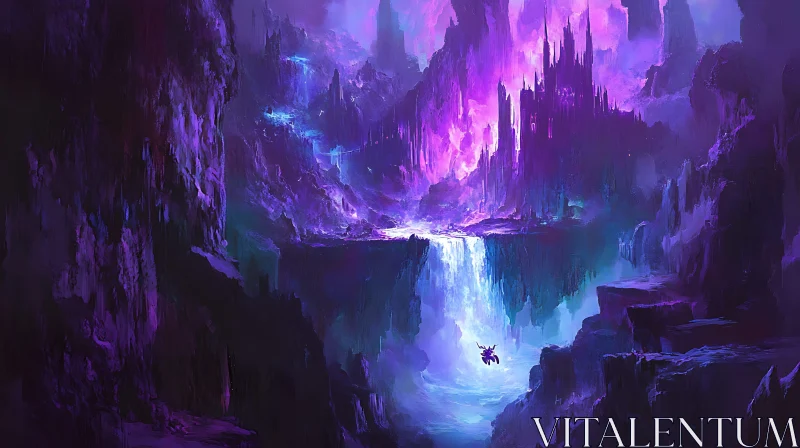 Enchanted Purple Castle Above Glowing Waterfall AI Image