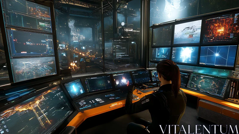 High-Tech Control Room in a Cyberpunk City AI Image