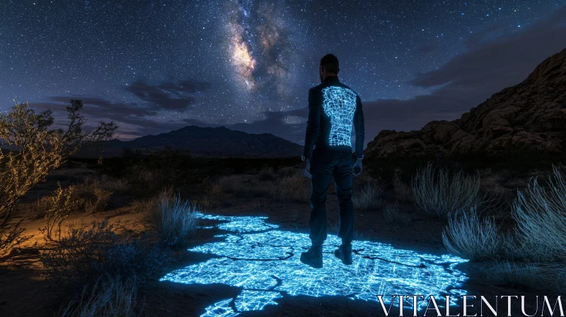 AI ART Man in Desert with Digital Glow at Night