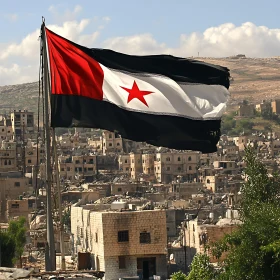 Flag Overlooking Decaying Cityscape