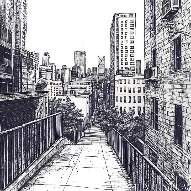 AI ART Detailed Cityscape Sketch with High-Rise Buildings and Pathway