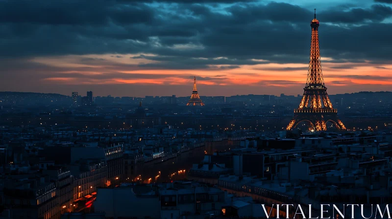 Eiffel Tower Sunset Glow Over Paris Cityscape AI Image