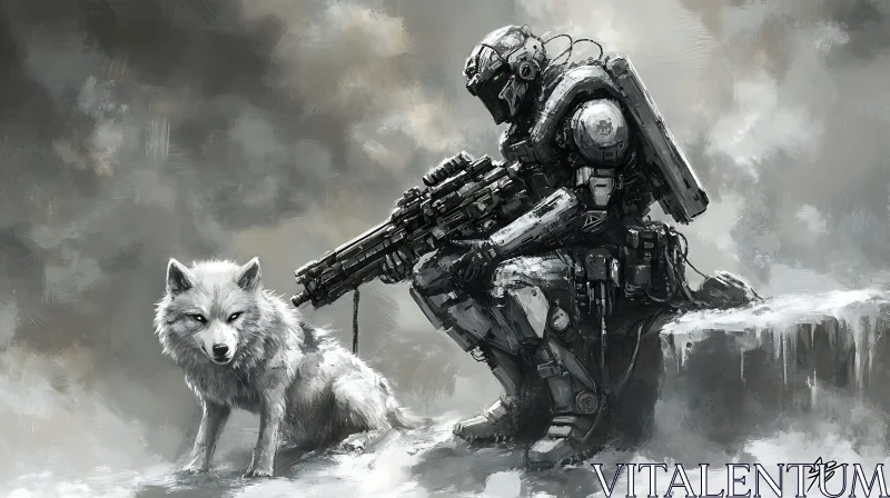 Guardian Cyborg Companions in a Winter Landscape AI Image