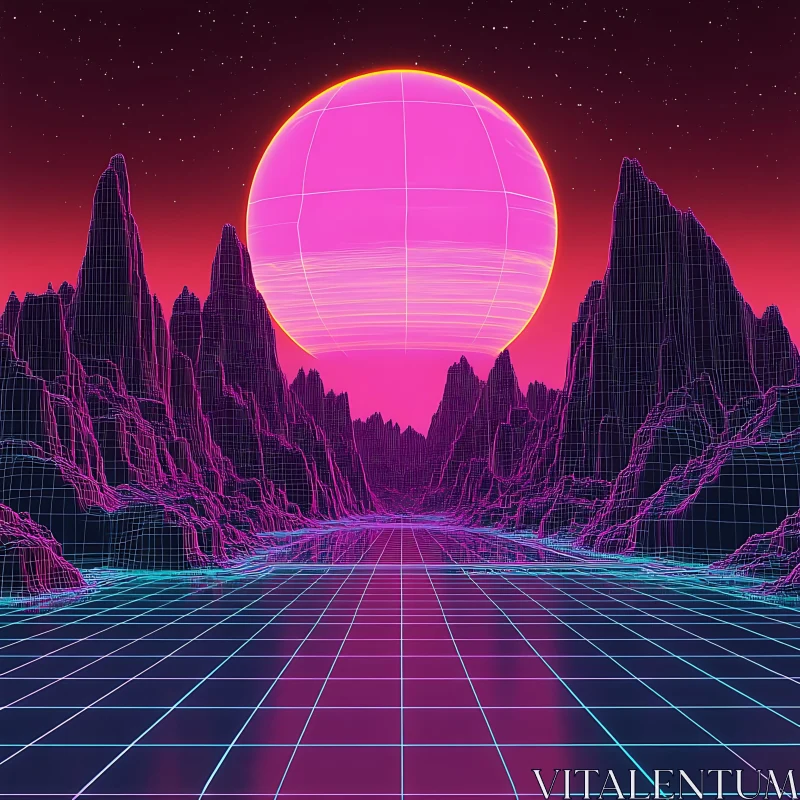 AI ART Retro-Futuristic Scene with Wireframe Mountains and Glowing Sphere