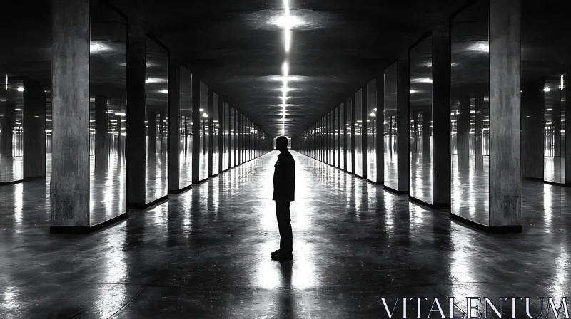 Endless Reflected Corridor with Silhouetted Figure AI Image