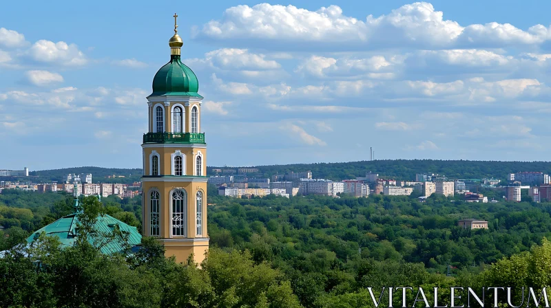 Tall Tower Overlooking Lush Trees and City Buildings AI Image